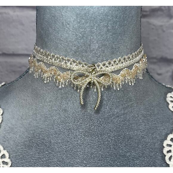 Handmade Victorian Beaded Lace Choker with Pearl Beaded Bow Detail - Picture 1 of 6